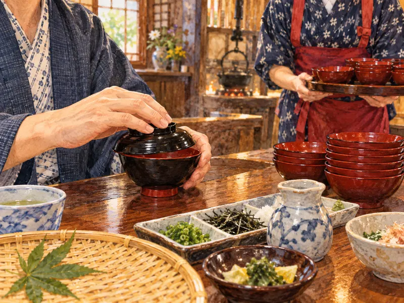 A diner closing the lid on a small lacquer bowl while the server watches