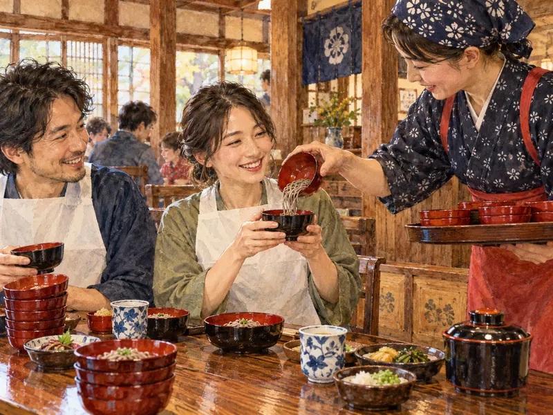 A server tipping one small helping of soba into a diner’s bowl during the experience