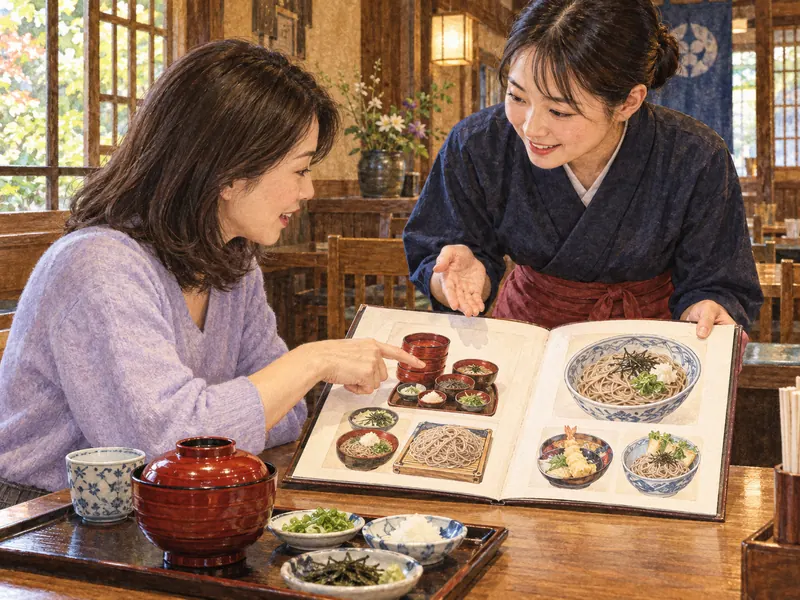 A visitor asking about ingredients beside the small soba bowl and menu