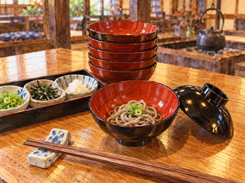 Small lacquer bowls and condiments on a wanko-soba table