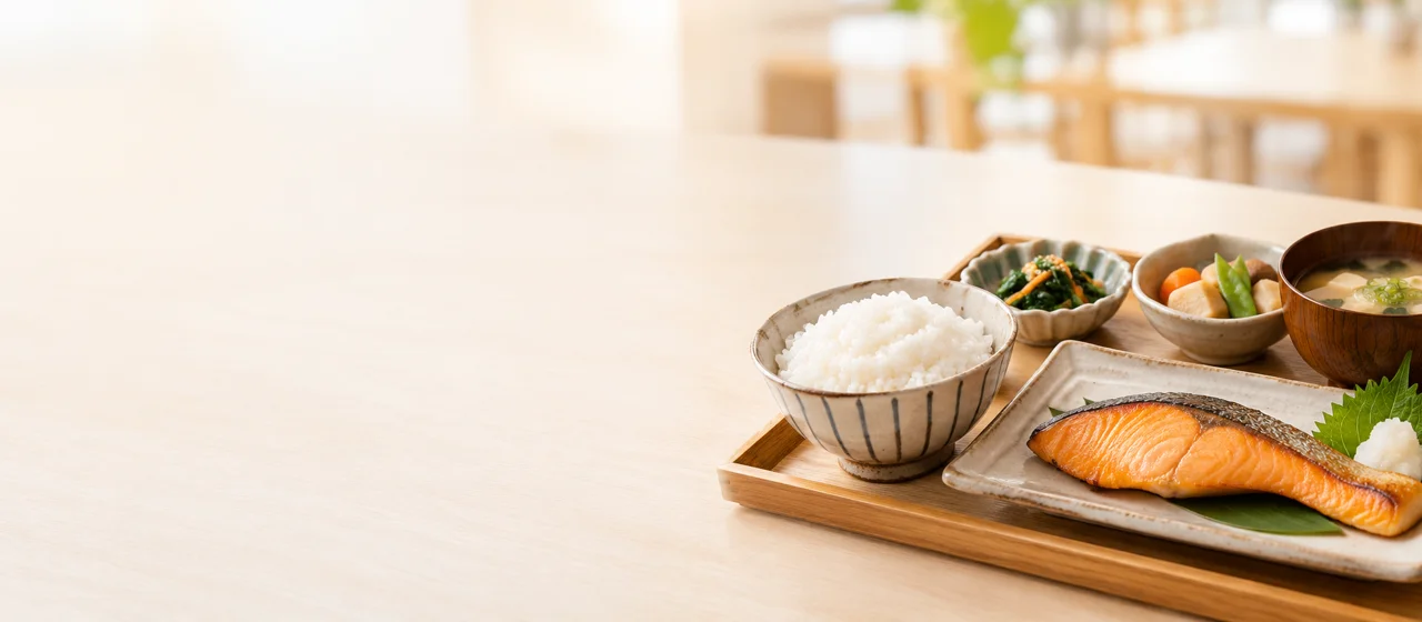 木のテーブルに並ぶ日本の料理