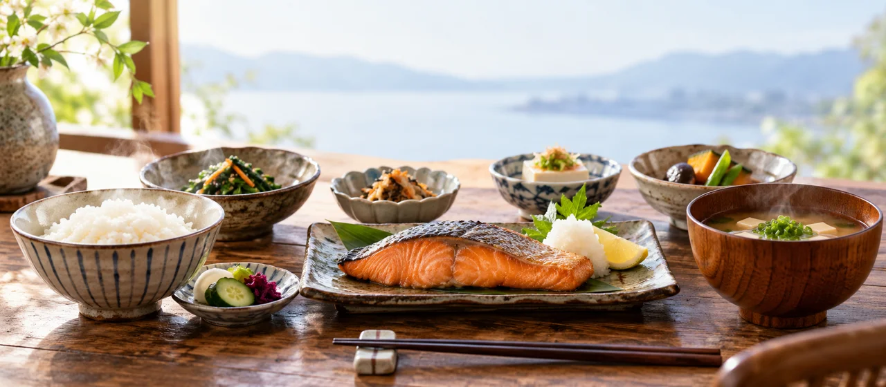 木のテーブルに並ぶ日本の料理