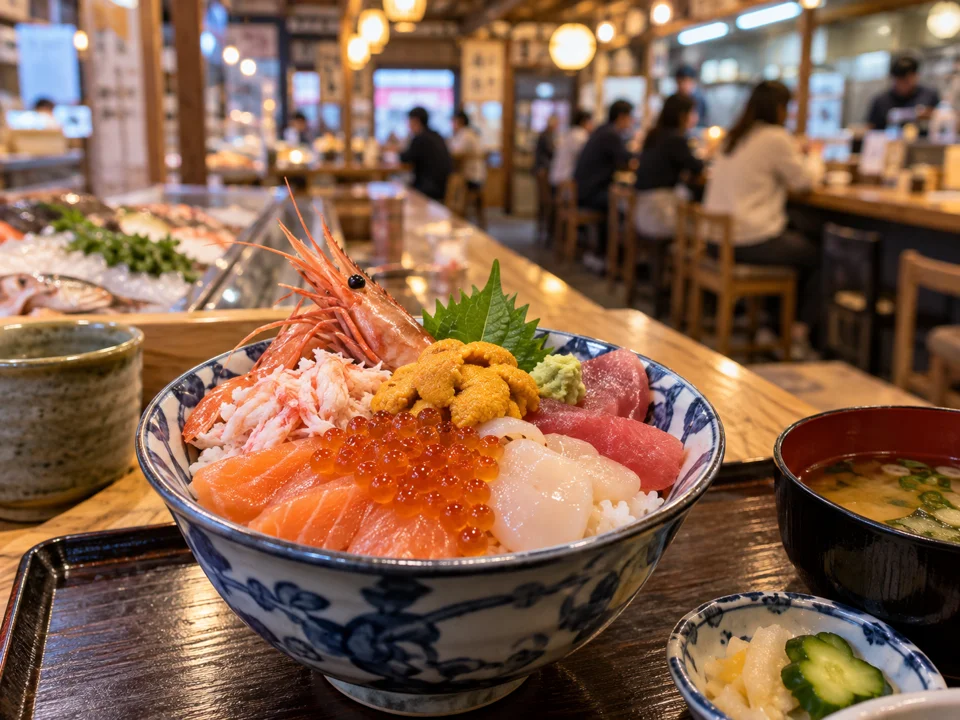 市場の食堂で楽しむ丼