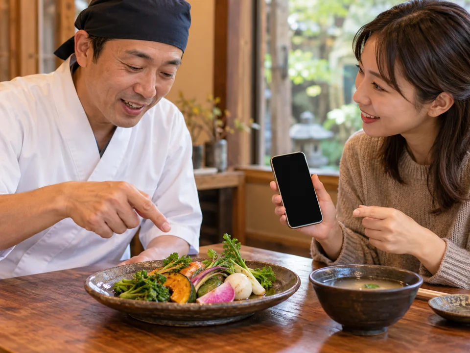 店員に材料を確認する