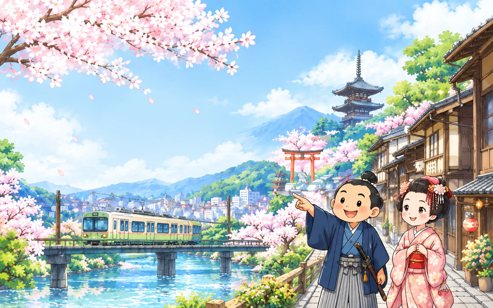 街並み・桜・電車・侍・舞妓のメインビジュアル