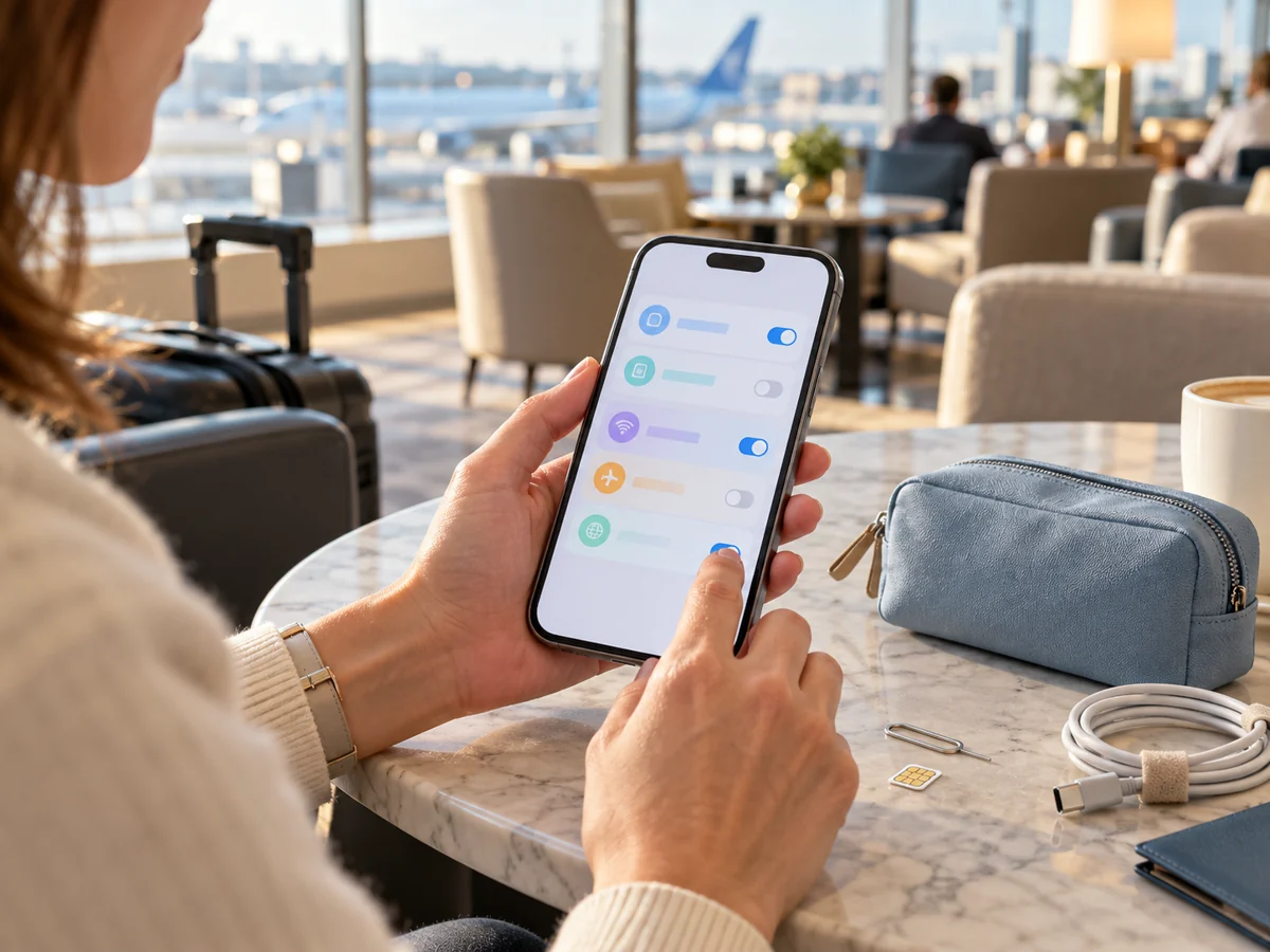 旅行前にスマホの設定を確認する様子