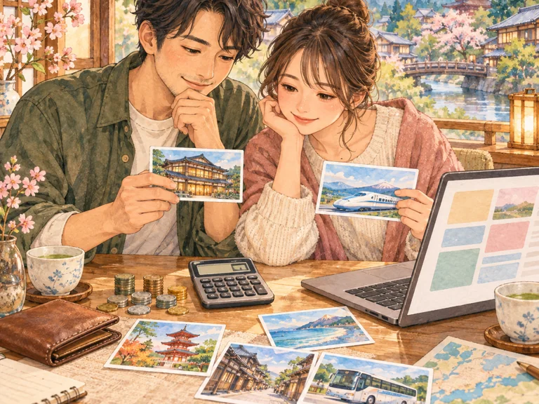 イラスト：計算機と旅行資料を使って旅行費用を比較する二人