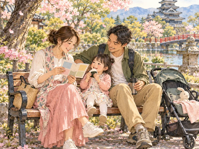 イラスト：旅行の途中で桜の下のベンチで休憩する家族