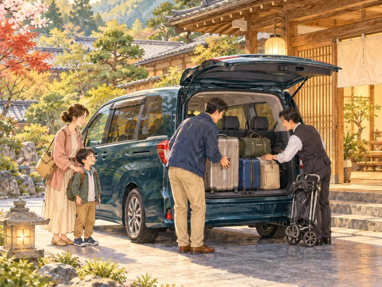 イラスト：旅館の前で貸切車に荷物を積み込む家族と運転手