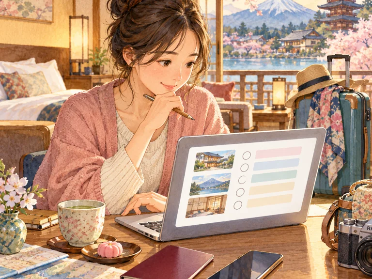 イラスト：パソコンで予約内容を確認する旅行者