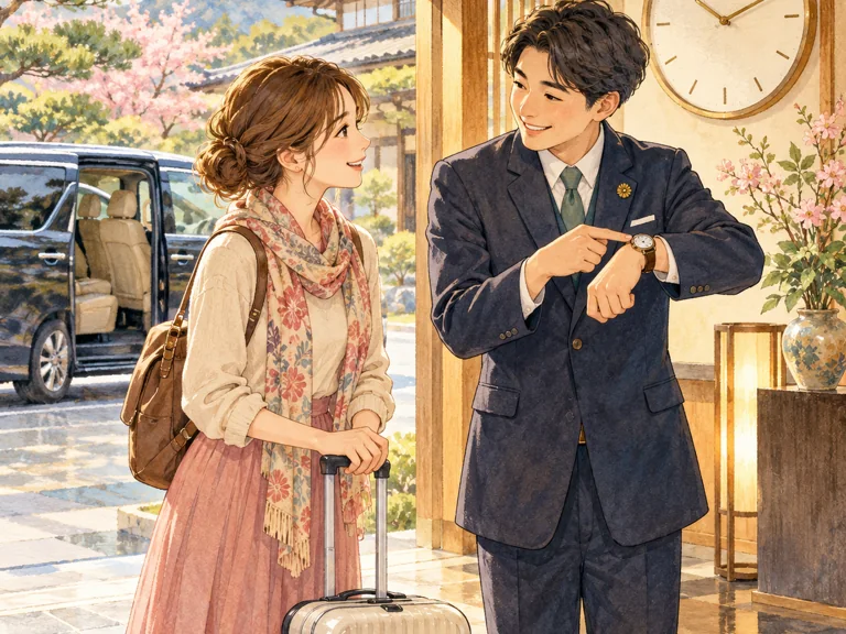 イラスト：ホテルの入口で集合時間を相談する旅行者とガイド