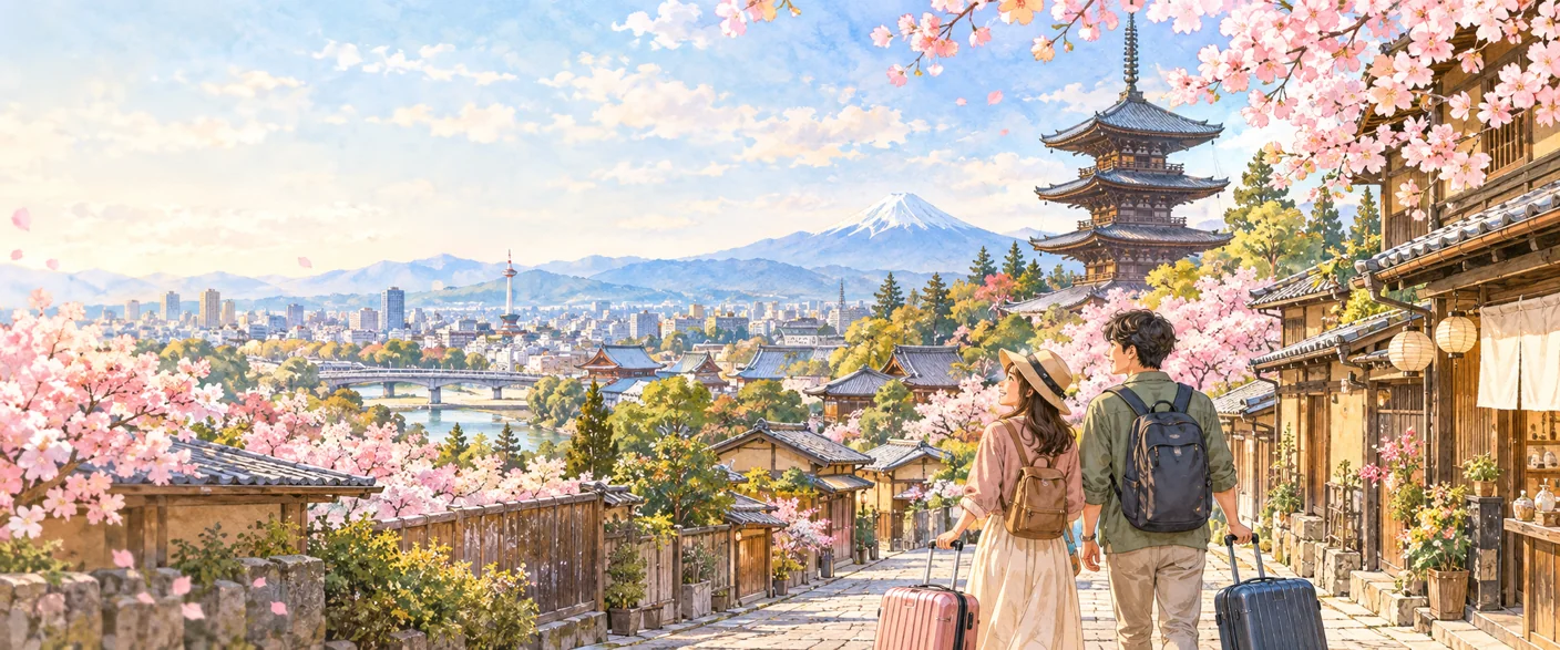 日本旅行の行き先と移動を考えるイメージイラスト