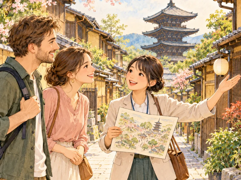 イラスト：京都の街並みについて旅行者に説明するガイド