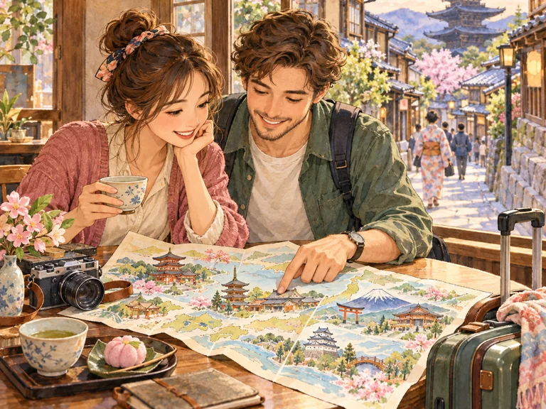 イラスト：地図を広げて日本旅行の行程を相談する二人