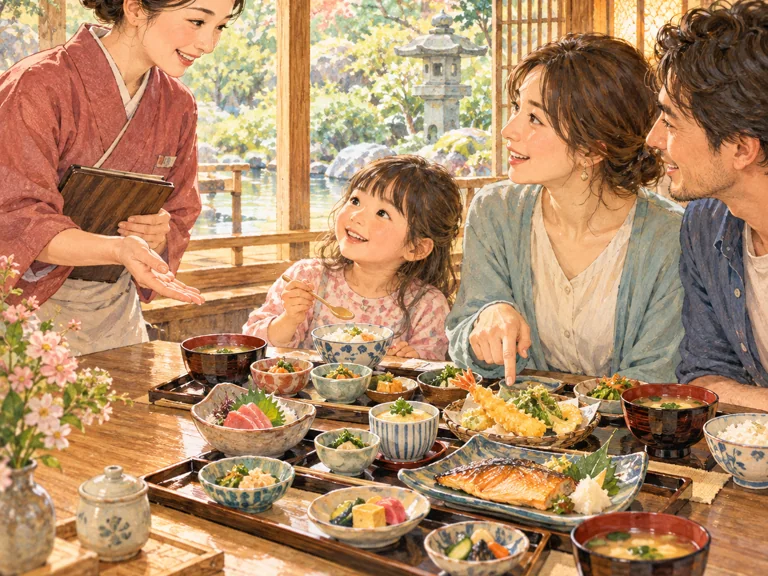 イラスト：日本の食事について親子と相談するお店の人