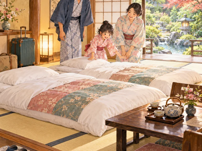 イラスト：旅館の畳の部屋で布団や設備を確認する家族