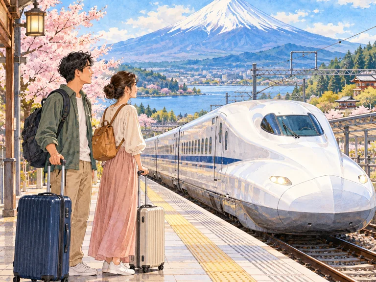 新幹線の横で荷物を持つ旅行者のイラスト